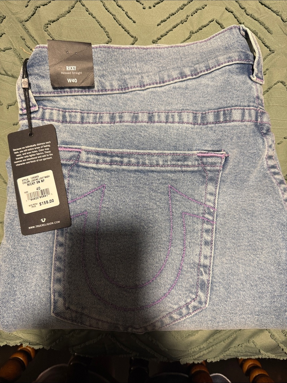 True Religion Light Blue Straight Leg Jeans with Purple Stitching